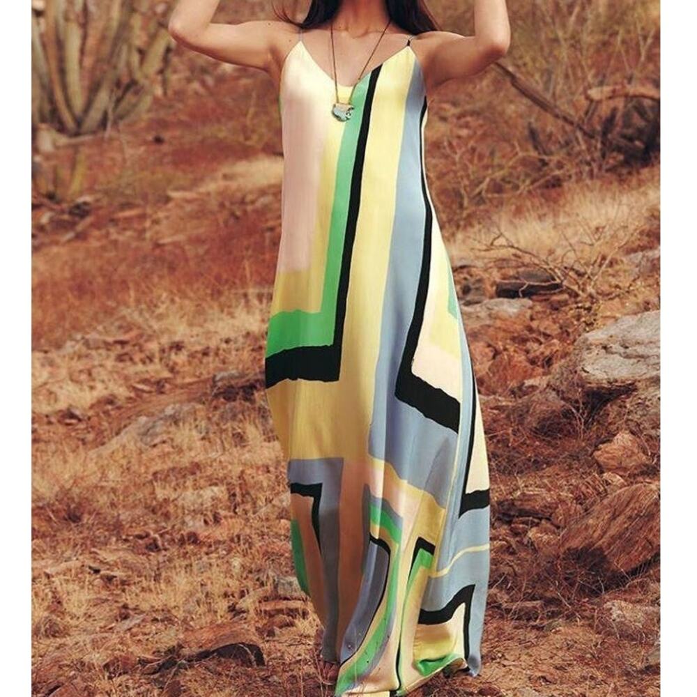 Maeve by Anthropologie Butter Yellow Abstract Geometric Slip Maxi Dress